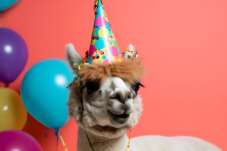 Funny and friendly cute alpaca wearing a brithday party hat in studio, on a vibrant, colorful background. Created with generative AIの素材