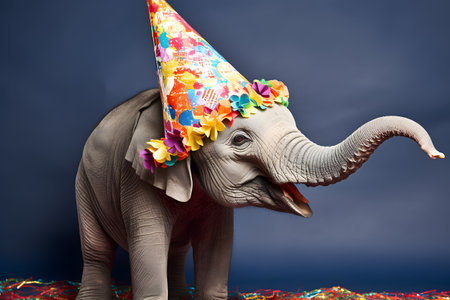 Funny and friendly cute elephant wearing a brithday party hat in studio, on a vibrant, colorful background. Created with generative AIの素材