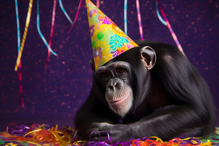 Funny and friendly cute chimpanzee wearing a brithday party hat in studio, on a vibrant, colorful background. Created with generative AIの素材