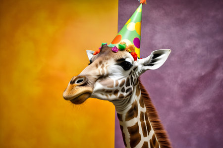 Funny and friendly cute giraffe wearing a brithday party hat in studio, on a vibrant, colorful background. Created with generative AIの素材