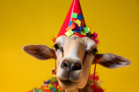 Funny and friendly cute goat wearing a brithday party hat in studio, on a vibrant, colorful background. Created with generative AIの素材