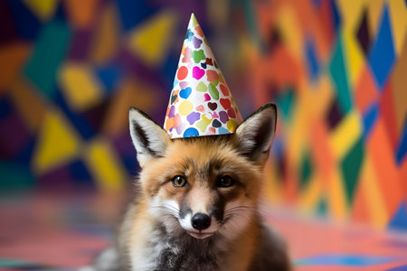 Funny and friendly cute fox wearing a brithday party hat in studio, on a vibrant, colorful background. Created with generative AIの素材