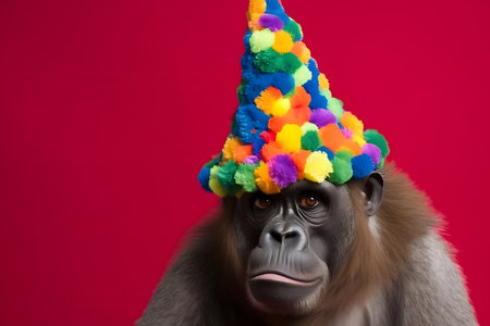Funny and friendly cute gorilla wearing a brithday party hat in studio, on a vibrant, colorful background. Created with generative AIの素材