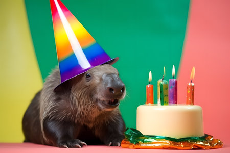 Funny and friendly cute beaver wearing a brithday party hat in studio, on a vibrant, colorful background. Created with generative AIの素材