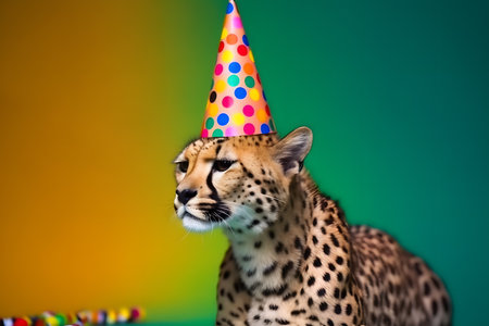 Funny and friendly cute cheetah wearing a brithday party hat in studio, on a vibrant, colorful background. Created with generative AIの素材