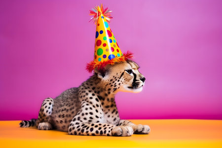Funny and friendly cute cheetah wearing a brithday party hat in studio, on a vibrant, colorful background. Created with generative AIの素材