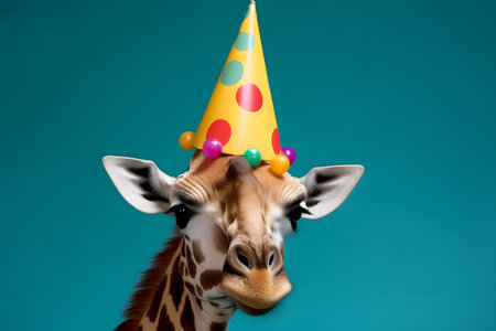 Funny and friendly cute giraffe wearing a brithday party hat in studio, on a vibrant, colorful background. Created with generative AIの素材