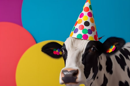 Funny and friendly cute cow wearing a brithday party hat in studio, on a vibrant, colorful background. Created with generative AIの素材