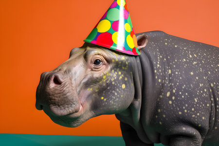 Funny and friendly cute hippopotamus wearing a brithday party hat in studio, on a vibrant, colorful background. Created with generative AIの素材