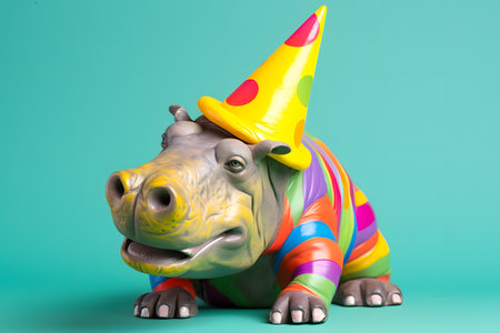 Funny and friendly cute hippopotamus wearing a brithday party hat in studio, on a vibrant, colorful background. Created with generative AIの素材