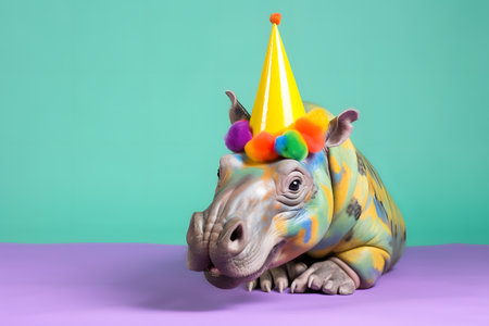 Funny and friendly cute hippopotamus wearing a brithday party hat in studio, on a vibrant, colorful background. Created with generative AIの素材