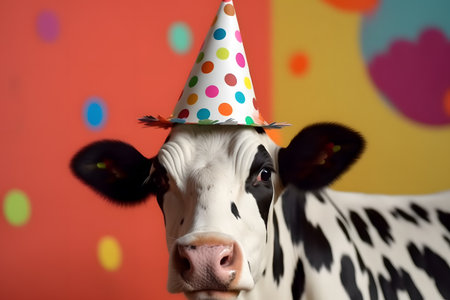 Funny and friendly cute cow wearing a brithday party hat in studio, on a vibrant, colorful background. Created with generative AIの素材