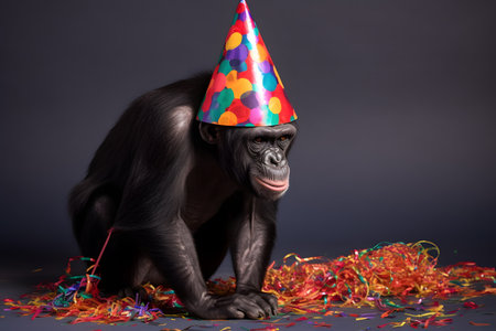 Funny and friendly cute chimpanzee wearing a brithday party hat in studio, on a vibrant, colorful background. Created with generative AIの素材