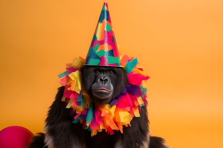 Funny and friendly cute gorilla wearing a brithday party hat in studio, on a vibrant, colorful background. Created with generative AIの素材