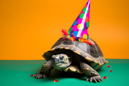 Funny and friendly cute turtle wearing a brithday party hat in studio, on a vibrant, colorful background. Created with generative AIの素材