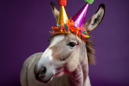 Funny and friendly cute donkey or mule wearing a brithday party hat in studio, on a vibrant, colorful background. Created with generative AIの素材
