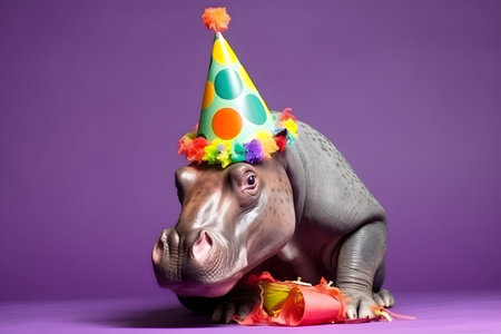 Funny and friendly cute hippopotamus wearing a brithday party hat in studio, on a vibrant, colorful background. Created with generative AIの素材