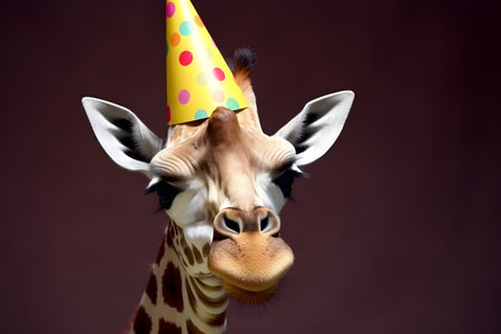 Funny and friendly cute giraffe wearing a brithday party hat in studio, on a vibrant, colorful background. Created with generative AIの素材