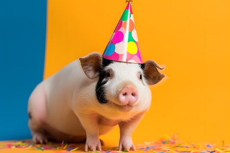 Funny and friendly cute pig wearing a brithday party hat in studio, on a vibrant, colorful background. Created with generative AIの素材