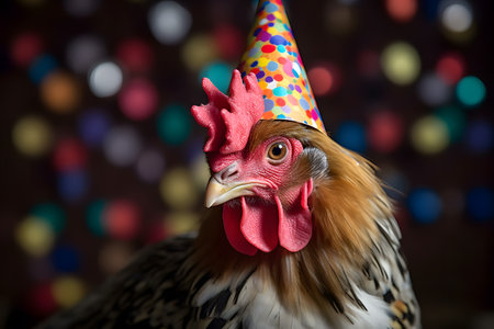 Funny and friendly cute rooster wearing a brithday party hat in studio, on a vibrant, colorful background. Created with generative AIの素材