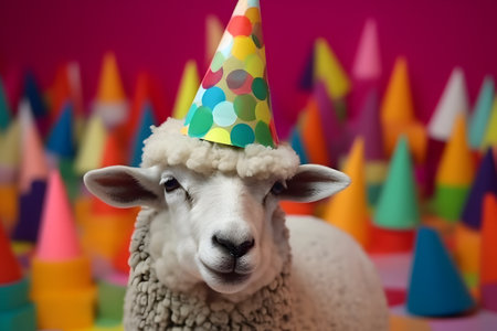 Funny and friendly cute sheep wearing a brithday party hat in studio, on a vibrant, colorful background. Created with generative AIの素材