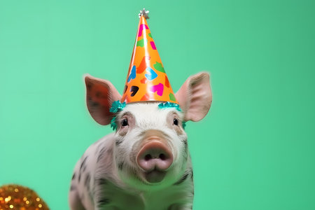 Funny and friendly cute pig wearing a brithday party hat in studio, on a vibrant, colorful background. Created with generative AIの素材