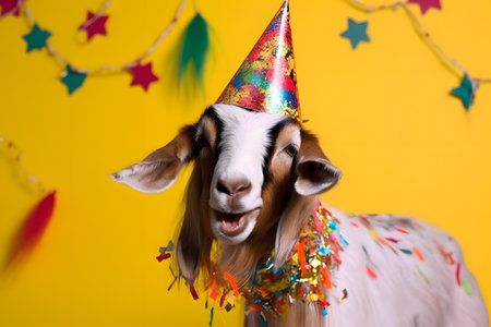 Funny and friendly cute goat wearing a brithday party hat in studio, on a vibrant, colorful background. Created with generative AIの素材