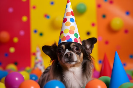 Funny and friendly cute dog (Chihuahua) wearing a brithday party hat in studio, on a vibrant, colorful background. Created with generative AIの素材