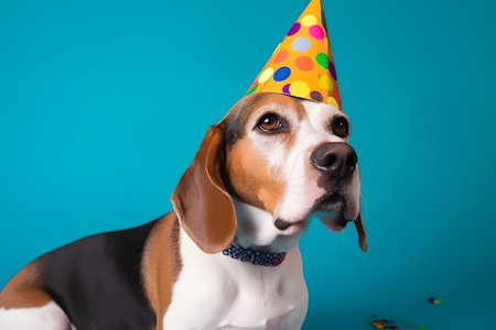 Funny and friendly cute dog (beagle) wearing a brithday party hat in studio, on a vibrant, colorful background. Created with generative AIの素材