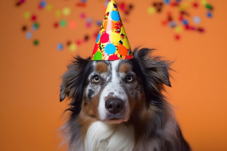 Funny and friendly cute dog (Australian Shepherd) wearing a brithday party hat in studio, on a vibrant, colorful background. Created with generative AIの素材