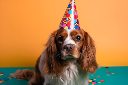 Funny and friendly cute dog (King Charles Spaniel) wearing a brithday party hat in studio, on a vibrant, colorful background. Created with generative AIの素材