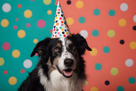 Funny and friendly cute dog (border collie) wearing a brithday party hat in studio, on a vibrant, colorful background. Created with generative AIの素材
