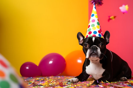 Funny and friendly cute dog (boston terrier) wearing a brithday party hat in studio, on a vibrant, colorful background. Created with generative AIの素材