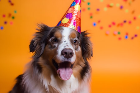 Funny and friendly cute dog (Australian Shepherd) wearing a brithday party hat in studio, on a vibrant, colorful background. Created with generative AIの素材