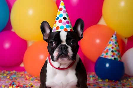Funny and friendly cute dog (boston terrier) wearing a brithday party hat in studio, on a vibrant, colorful background. Created with generative AIの素材