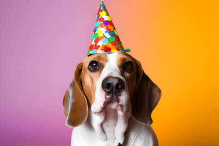 Funny and friendly cute dog (beagle) wearing a brithday party hat in studio, on a vibrant, colorful background. Created with generative AIの素材