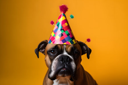 Funny and friendly cute dog (boxer) wearing a brithday party hat in studio, on a vibrant, colorful background. Created with generative AIの素材