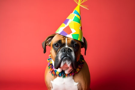 Funny and friendly cute dog (boxer) wearing a brithday party hat in studio, on a vibrant, colorful background. Created with generative AIの素材