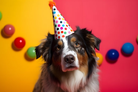 Funny and friendly cute dog (Australian Shepherd) wearing a brithday party hat in studio, on a vibrant, colorful background. Created with generative AIの素材
