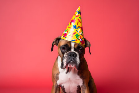 Funny and friendly cute dog (boxer) wearing a brithday party hat in studio, on a vibrant, colorful background. Created with generative AIの素材
