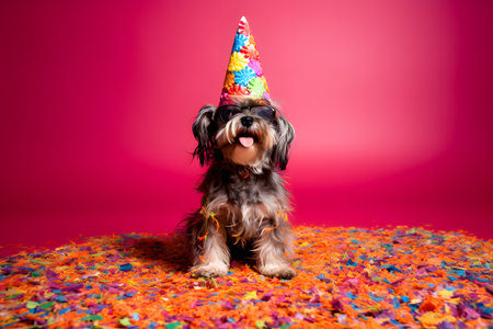 Funny and friendly cute dog (Yorkshire Terrier) wearing a brithday party hat in studio, on a vibrant, colorful background. Created with generative AIの素材
