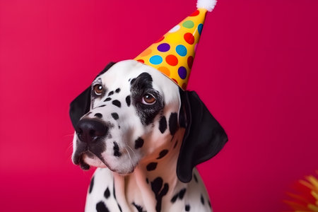 Funny and friendly cute dog (Dalmatian) wearing a brithday party hat in studio, on a vibrant, colorful background. Created with generative AIの素材