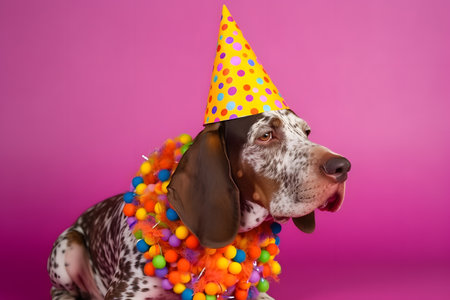 Funny and friendly cute dog (German Shorthaired Pointer) wearing a brithday party hat in studio, on a vibrant, colorful background. Created with generative AIの素材