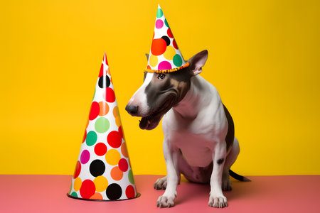 Funny and friendly cute dog (bull terrier) wearing a brithday party hat in studio, on a vibrant, colorful background. Created with generative AIの素材