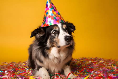 Funny and friendly cute dog (border collie) wearing a brithday party hat in studio, on a vibrant, colorful background. Created with generative AIの素材