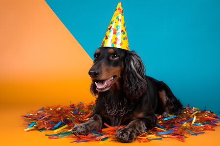 Funny and friendly cute dog (Dachshund) wearing a brithday party hat in studio, on a vibrant, colorful background. Created with generative AIの素材