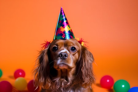 Funny and friendly cute dog (King Charles Spaniel) wearing a brithday party hat in studio, on a vibrant, colorful background. Created with generative AIの素材