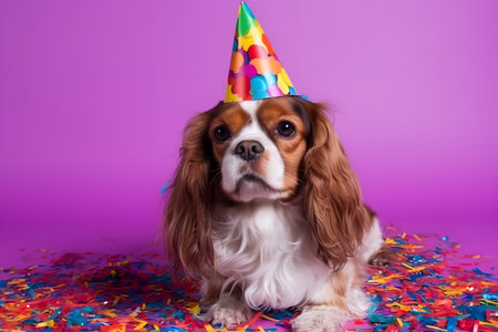 Funny and friendly cute dog (King Charles Spaniel) wearing a brithday party hat in studio, on a vibrant, colorful background. Created with generative AIの素材
