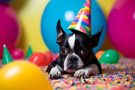 Funny and friendly cute dog (boston terrier) wearing a brithday party hat in studio, on a vibrant, colorful background. Created with generative AIの素材