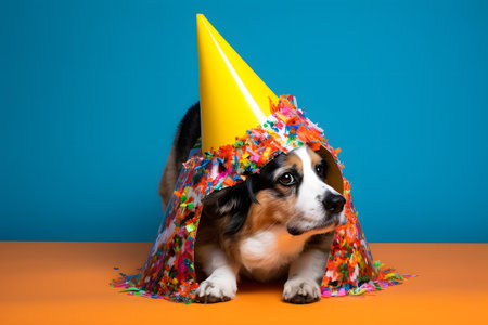Funny and friendly cute dog (Pembroke Welsh Corgi) wearing a brithday party hat in studio, on a vibrant, colorful background. Created with generative AIの素材